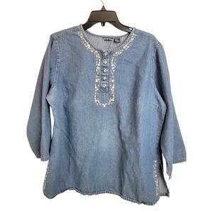 Vintage 80's Club Z Blue Denim Sequins Henley 3/4 Sleeve Faded Top Women's 1X